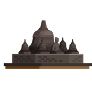 Ilustrasi layanan travel Indramayu ke Depok dengan ikon candi atau tempat wisata.