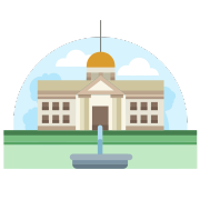 Ilustrasi layanan travel Indramayu ke Bogor dengan ikon gedung putih berarsitektur khas.